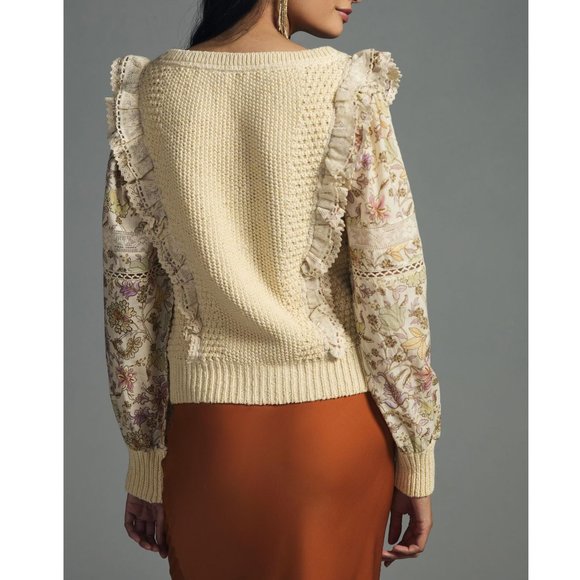 By Anthropologie Floral Printed-Sleeve Ruffle Sweater Cream - Large - Picture 3 of 12